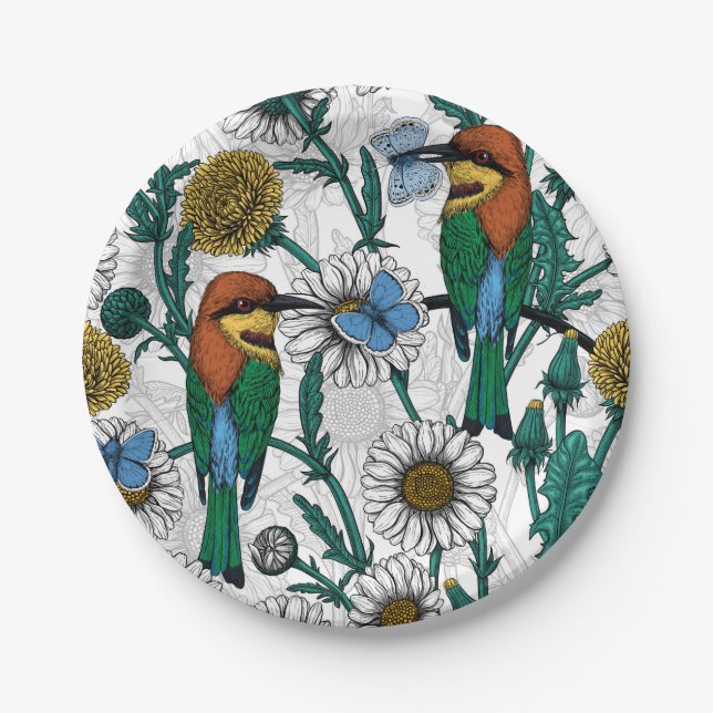 Bee-eaters, blue butterflies and daisies on white paper plates (Front)