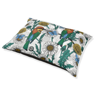 Bee-eaters, blue butterflies and daisies on white pet bed