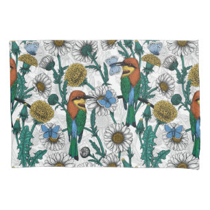Bee-eaters, blue butterflies and daisies on white pillow case