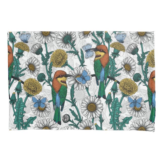 Bee-eaters, blue butterflies and daisies on white pillow case (Front-Left)
