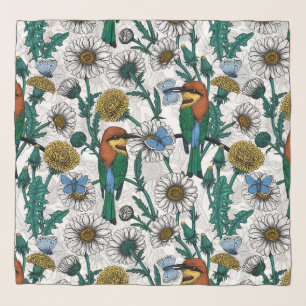 Bee-eaters, blue butterflies and daisies on white scarf
