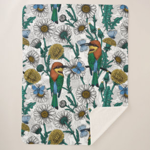 Bee-eaters, blue butterflies and daisies on white sherpa blanket