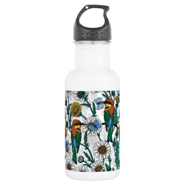 Bee-eaters, blue butterflies and daisies on white stainless steel water bottle (Front)