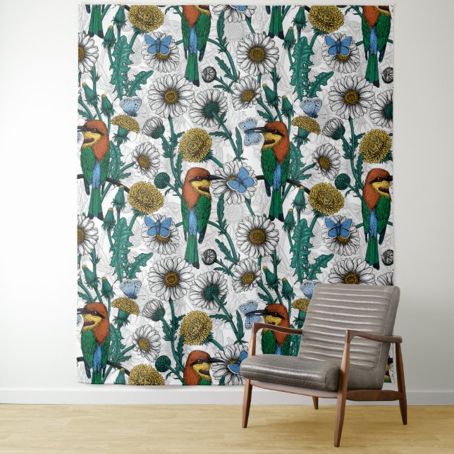 Bee-eaters, blue butterflies and daisies on white tapestry (In Situ)