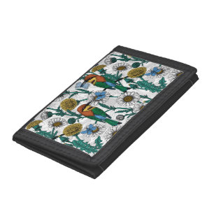 Bee-eaters, blue butterflies and daisies on white tri-fold wallet