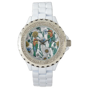 Bee-eaters, blue butterflies and daisies on white watch