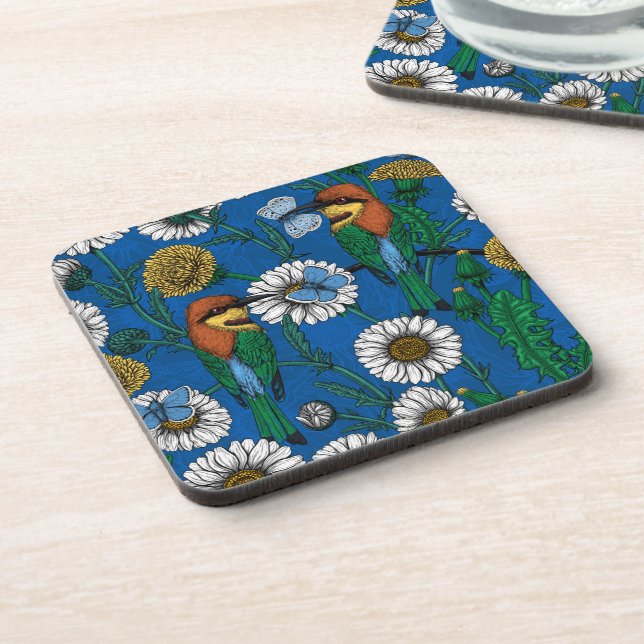 Bee eaters on blue beverage coaster (Left Side)