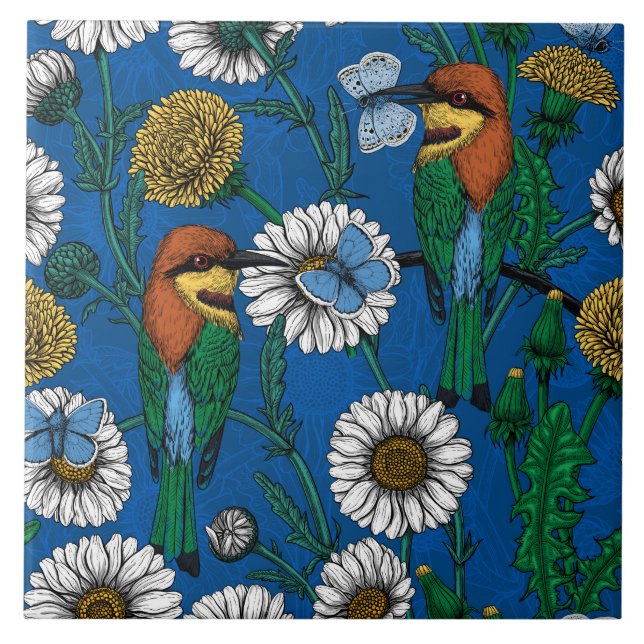 Bee eaters on blue ceramic tile (Front)