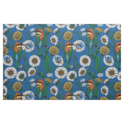 Bee eaters on blue fabric