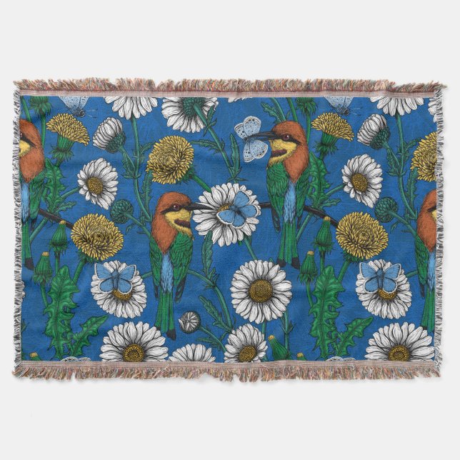 Bee eaters on blue throw blanket (Front)