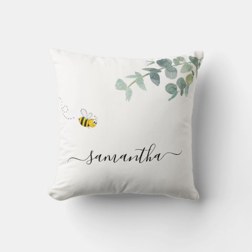 Bee eucalyptus greenery white monogram throw pillow