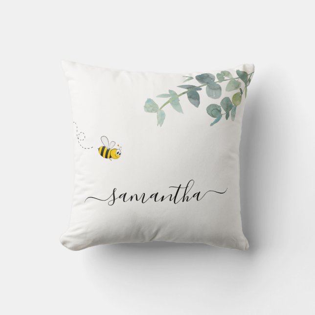 Bee eucalyptus greenery white monogram throw pillow (Front)
