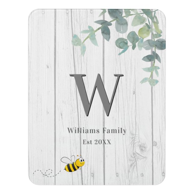 Bee eucalyptus rustic white wood monogram door sign (Contemporary Vert)