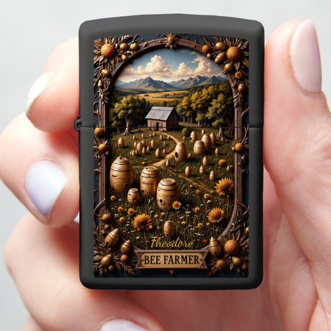 Bee Farmer Beehives Sunflowers Mountain Valley Zippo Lighter (In Hand)