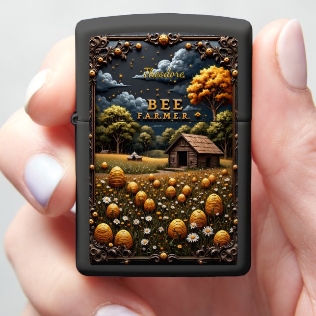 Bee Farmer Beehives Wildflowers Rustic Cabin Zippo Lighter (In Hand)