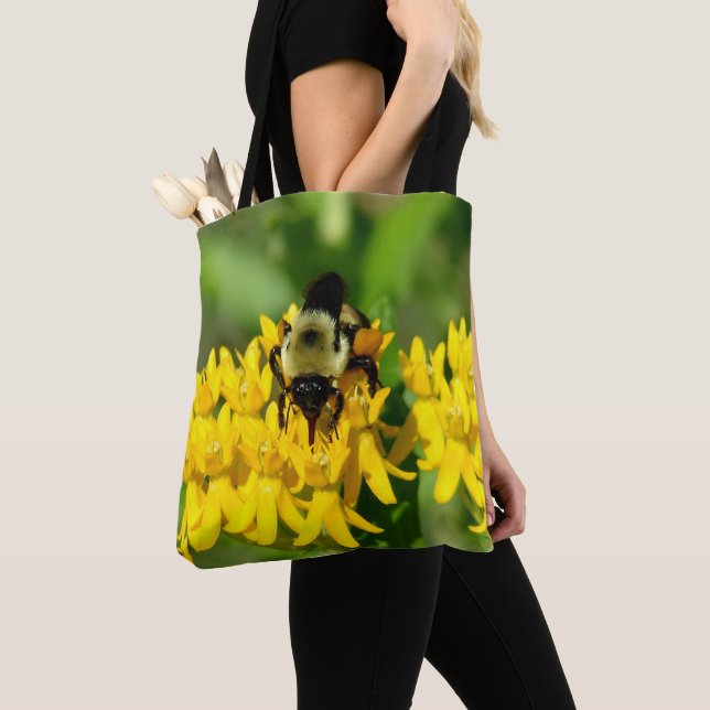 Bee Feasting on Butterfly Weed Wildflowers Tote Bag (Close Up)