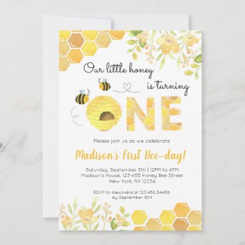 Bee First 1st Birthday Party Invitations Boy Girl by SugarPlumPaperie at Zazzle