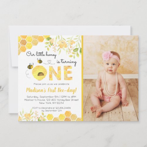 Bee First 1st Photo Birthday party invitations 