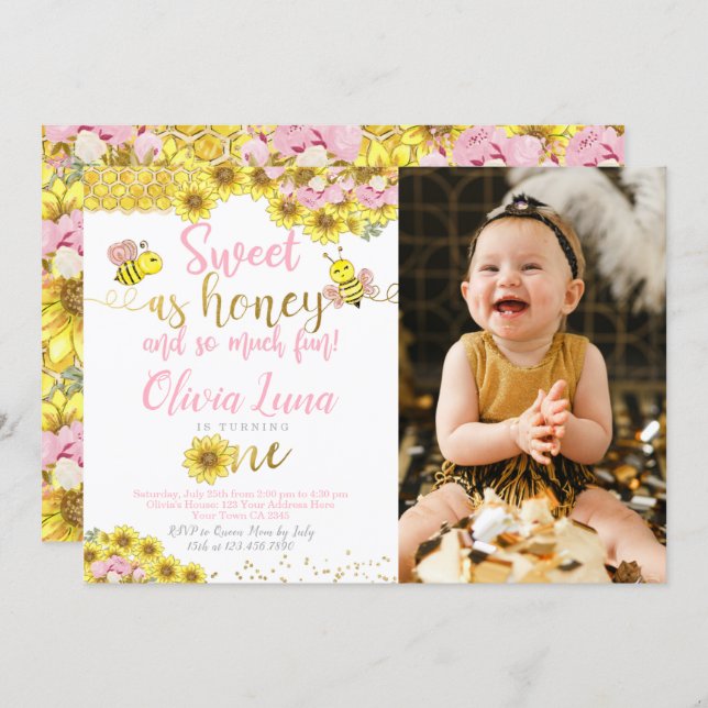 Bee First Birthday Invitation (Front/Back)