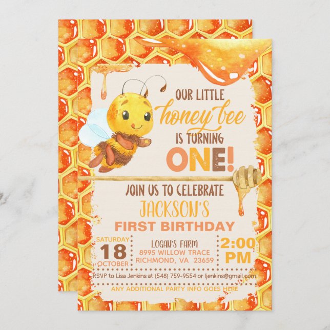 Bee First Birthday Invitation (Front/Back)