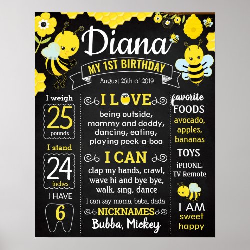 Bee First Birthday Party chalkboard boy girl Poster