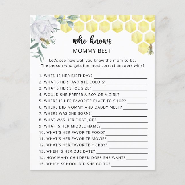 Bee floral baby shower, Who knows mommy best (Front)
