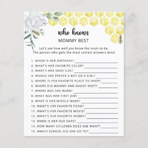 Bee floral baby shower Who knows mommy best