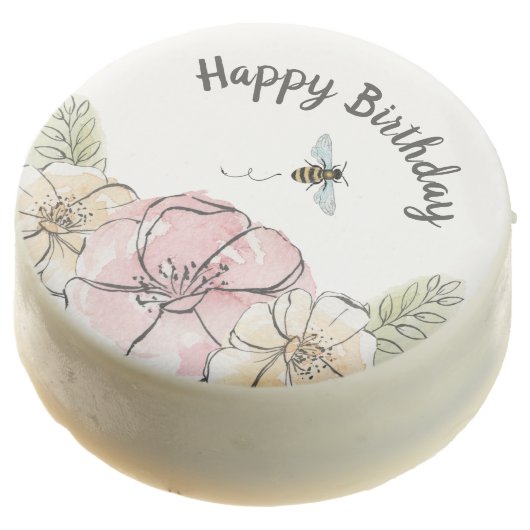 Bee Floral Happy Birthday Chocolate Covered Oreo (Angled)