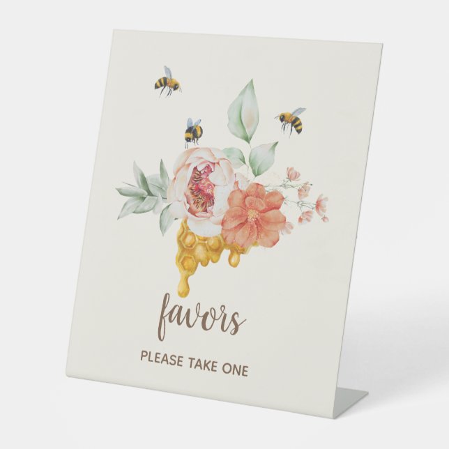 Bee Floral Honeycomb Baby Shower Favors Pedestal Sign (Front)
