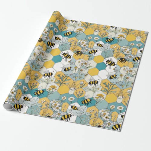 Bee Floral Honeycomb Pattern with Daisies Wrapping Paper