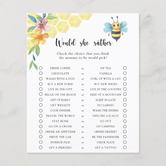 Bee floral / Would She Rather Baby Shower Game (Front)