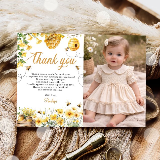 Bee Flower Yellow Birthday Photo Thank You Card (Creator Uploaded)