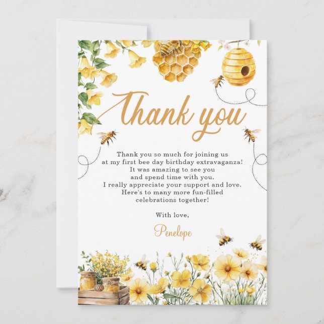Bee Flower Yellow Birthday Thank You Card (Front)