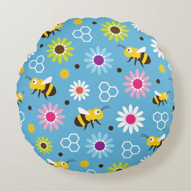 Bee & Flowers Round Pillow (Front)