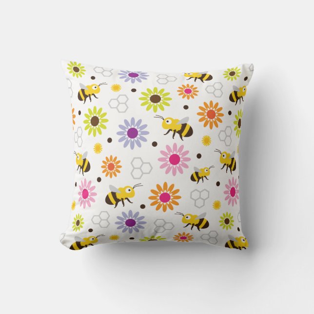 Bee & Flowers Throw Pillow (Front)