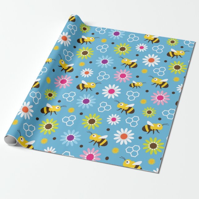 Bee & Flowers Wrapping Paper (Unrolled)