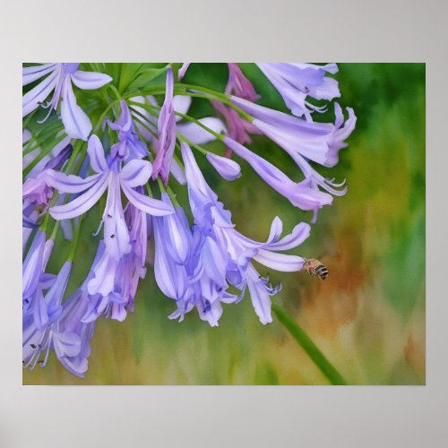 Bee Flying to Purple Lily Flowers Watercolor Style Poster