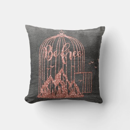 Bee Free Cage Birds Pink Rose Gold Gray Silver Throw Pillow