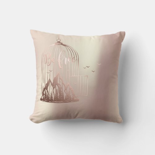 Bee Free Out Of Cage Bird Mountain Blush Rose Gold Throw Pillow