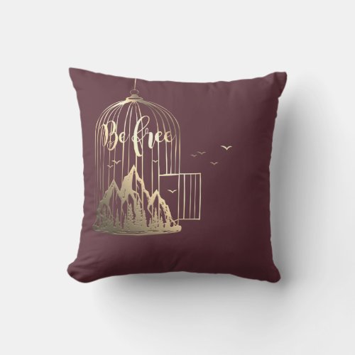 Bee Free Out Of Cage Bird Mountain Burgundy Gold Throw Pillow