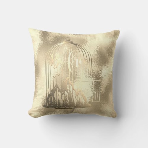 Bee Free Out Of Cage Bird Mountain Champaigne Gold Throw Pillow