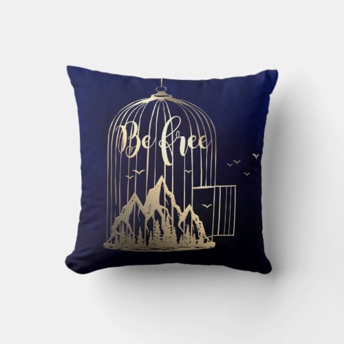 Bee Free Out Of Cage Bird Mountain Champaigne Navy Throw Pillow