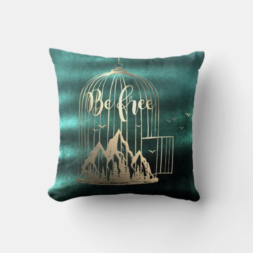 Bee Free Out Of Cage Bird Mountain Cottage Teal Throw Pillow