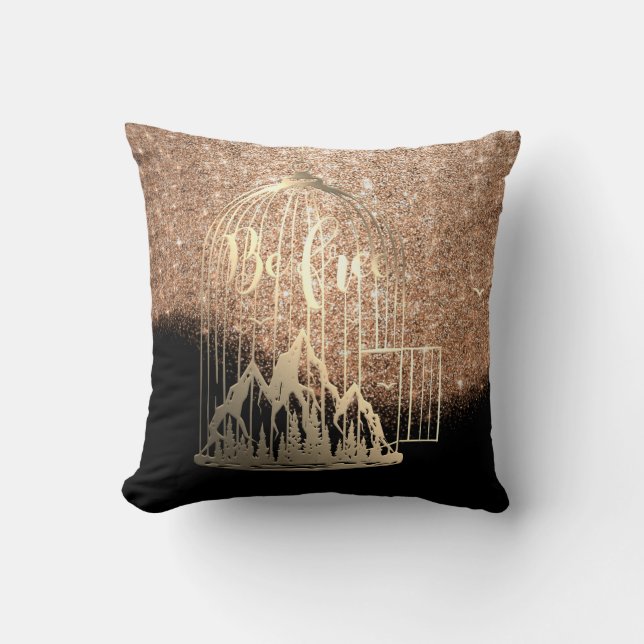 Bee Free Out Of Cage Bird Mountain Gold Glitter Throw Pillow (Front)