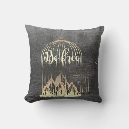 Bee Free Out Of Cage Bird Mountain Gray Sepia Gold Throw Pillow