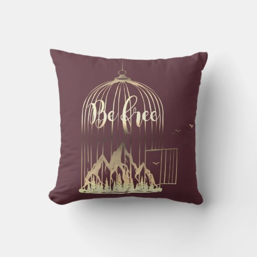 Bee Free Out Of Cage Bird Mountain Mauve Pink Gold Throw Pillow