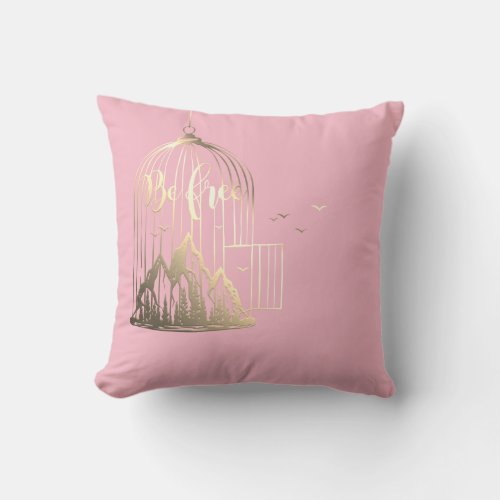 Bee Free Out Of Cage Bird Mountain Pink Gold Throw Pillow