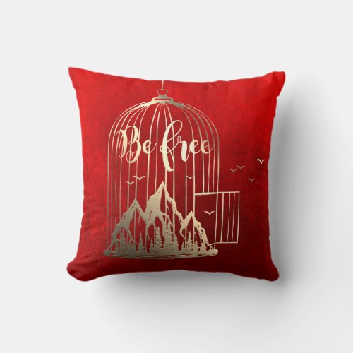 Bee Free Out Of Cage Bird Mountain Red  Faux Gold Throw Pillow