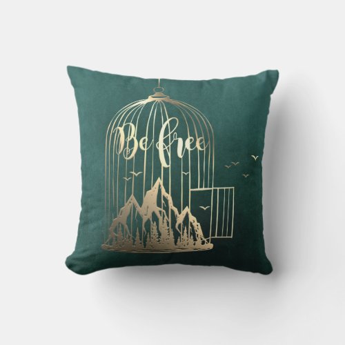 Bee Free Out Of Cage Bird Mountain Teal Faux Gold Throw Pillow