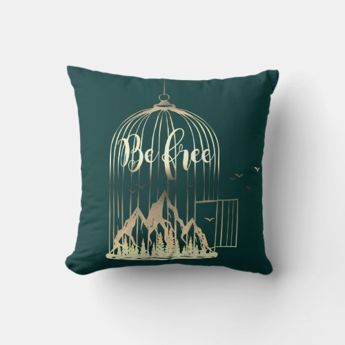 Bee Free Out Of Cage Bird Mountain Teal Sepia Gold Throw Pillow